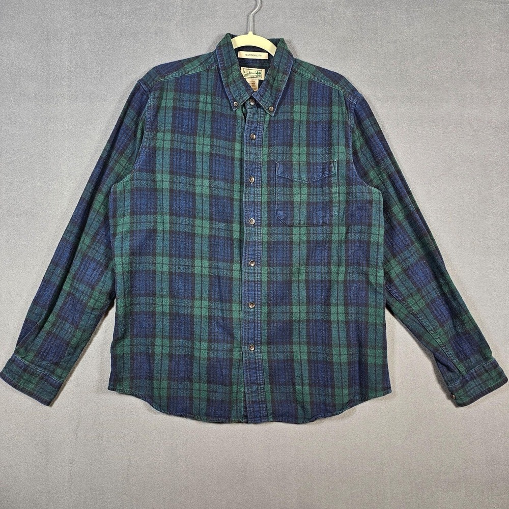 LL Bean Shirt Mens Medium Green Plaid Flannel Button Down Long Sleeve 228061